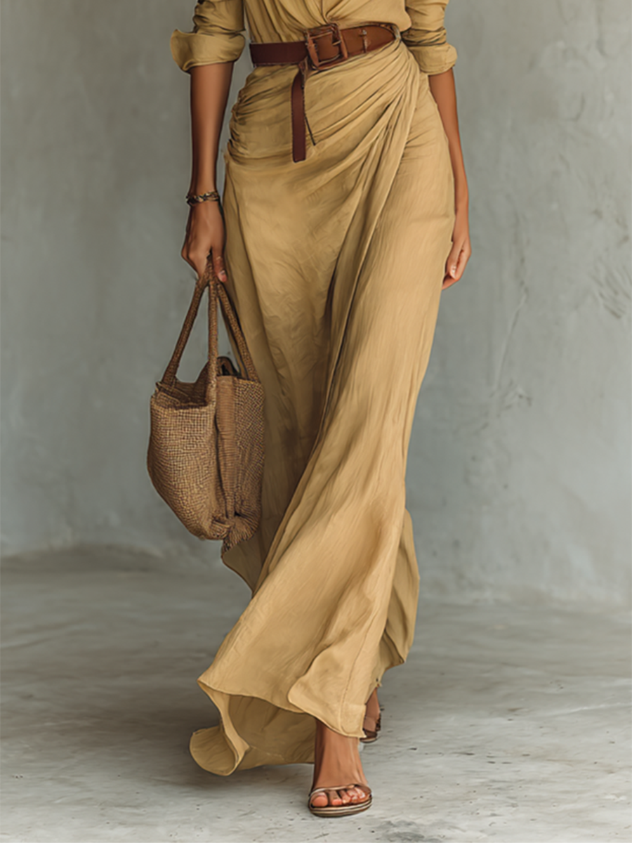 Robe Maxi Longue avec Col Revers Inclus Ceinture