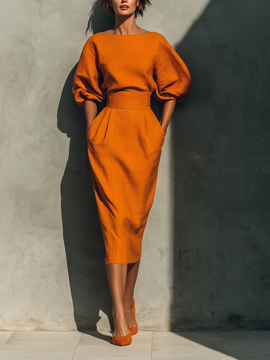 Jupe Midi Vibrante en Mélange de Coton-Lin Orange