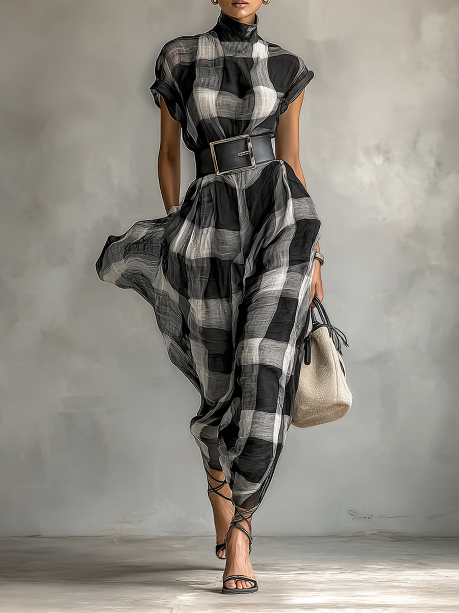 Robe Maxi en Chiffon à Carreaux avec Col Haut et Manches Courtes