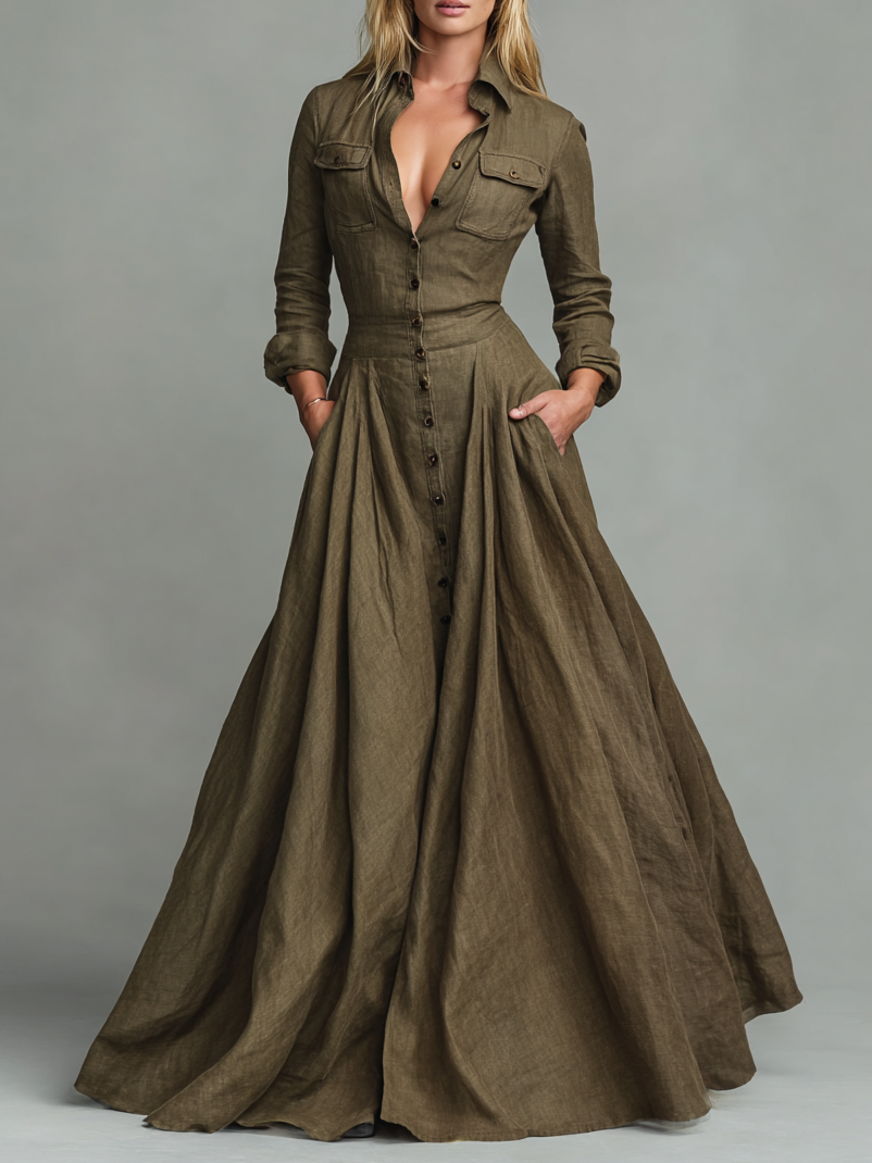 Robe Maxi Vintage en Coton et Lin pour Femmes avec Design de Chemise