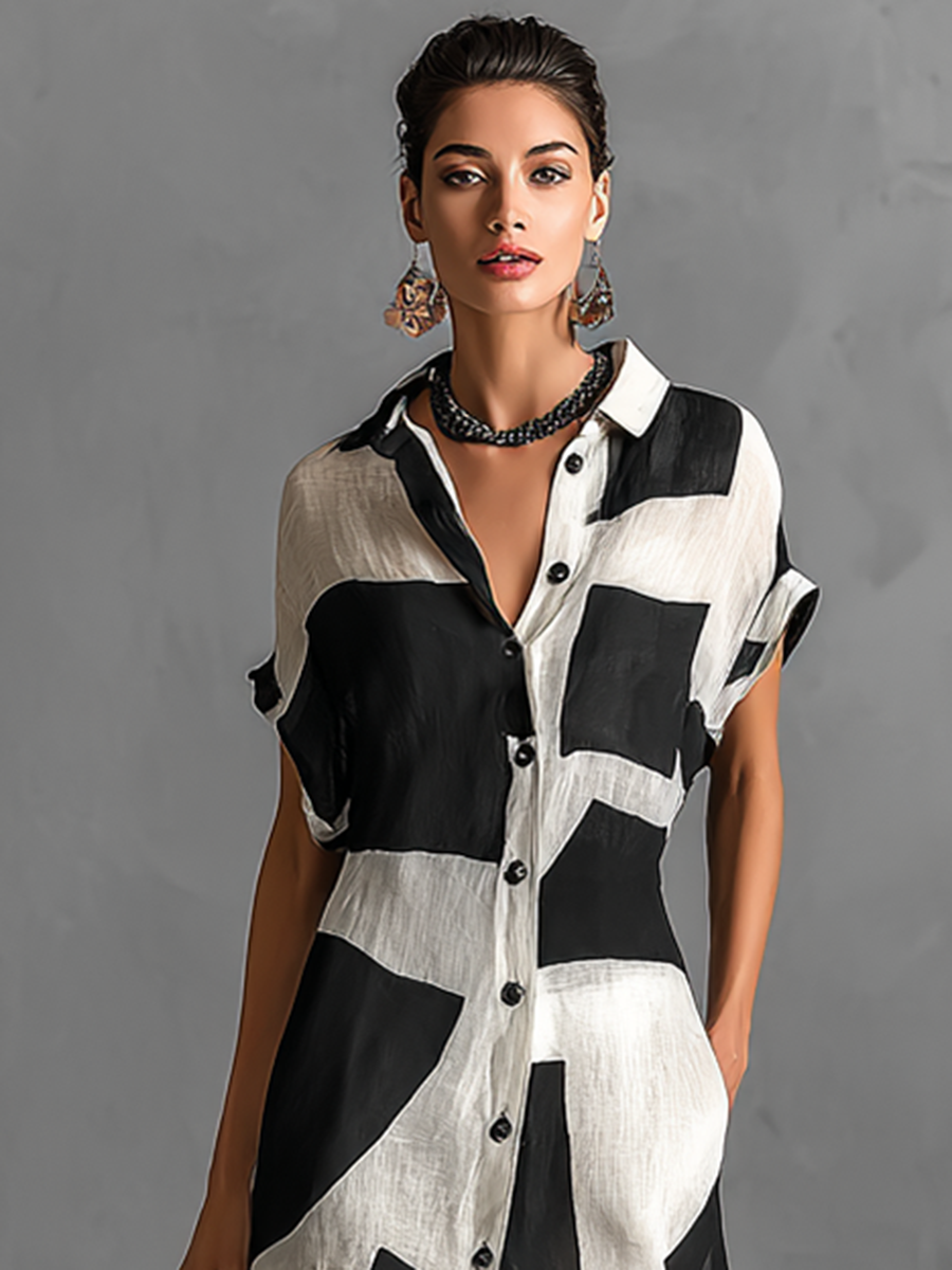 Robe Blouse Maxi en Chiffon pour Femmes avec Imprimé Géométrique Irrégulier et Col Revers, Manches Courtes, Bouton Unique