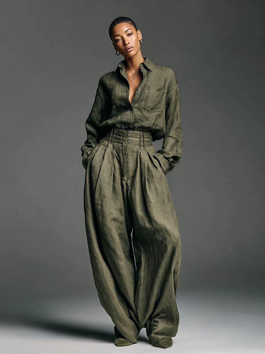 Ensemble de Deux Pièces pour Femmes en Coton et Lin avec Blouse à Manches Longues et Pantalon Large