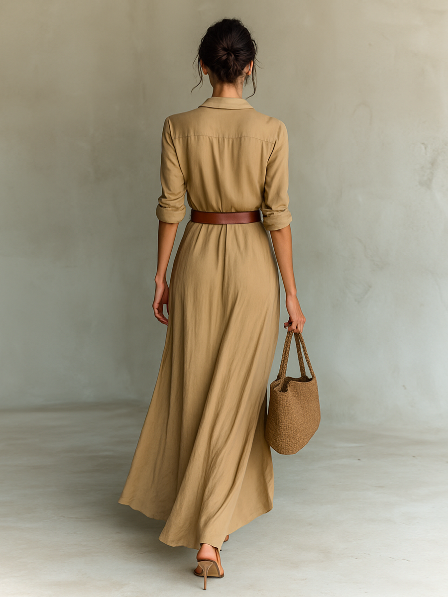 Robe Maxi Longue avec Col Revers Inclus Ceinture