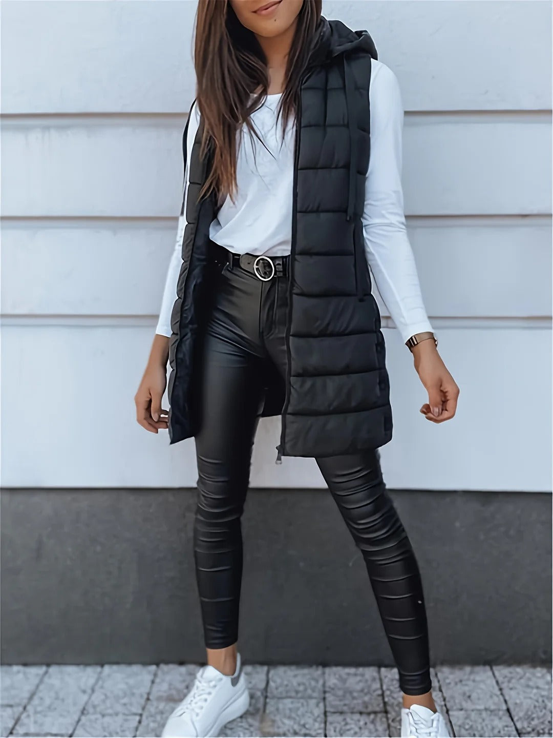 Gilet Long Puffer Sans Manches à Capuche